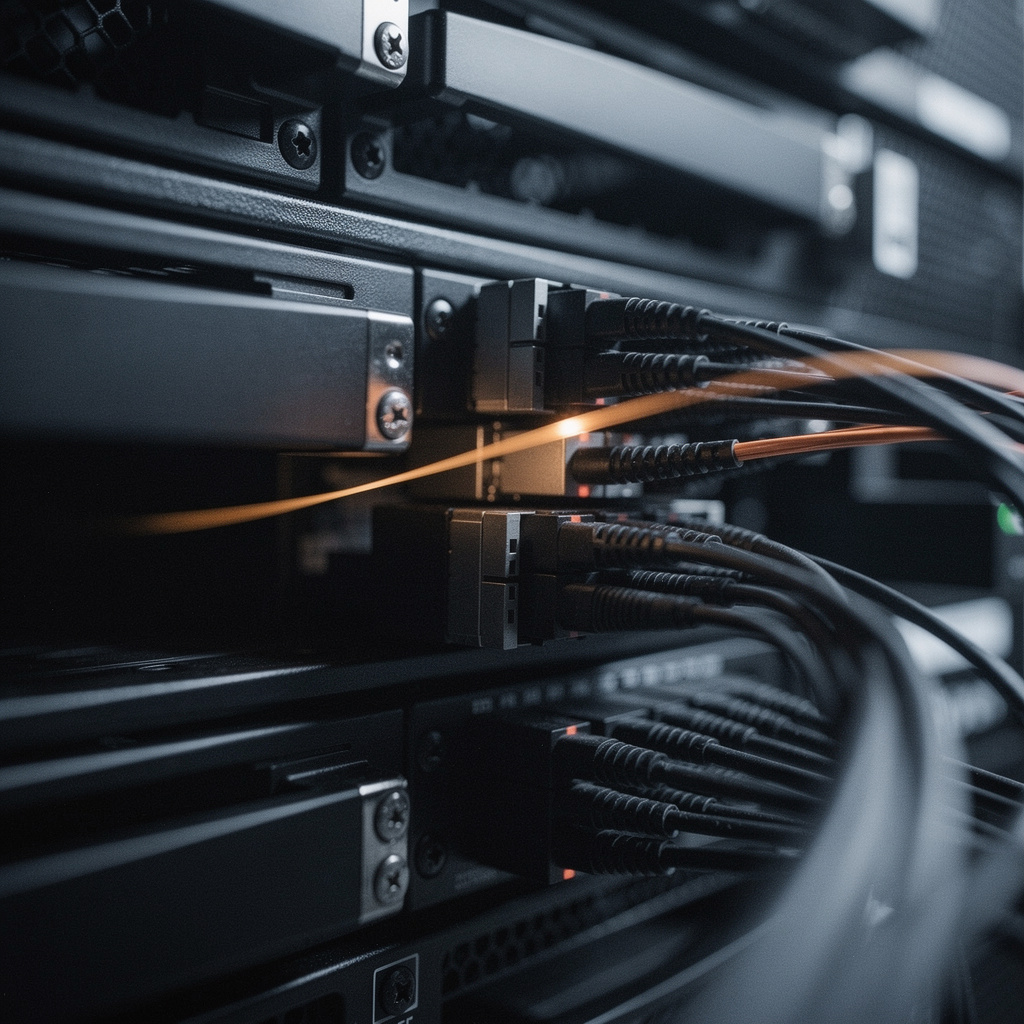 Macro detail of a switch backplane and fibre runs