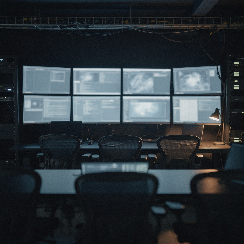 Unstaffed network operations floor at night